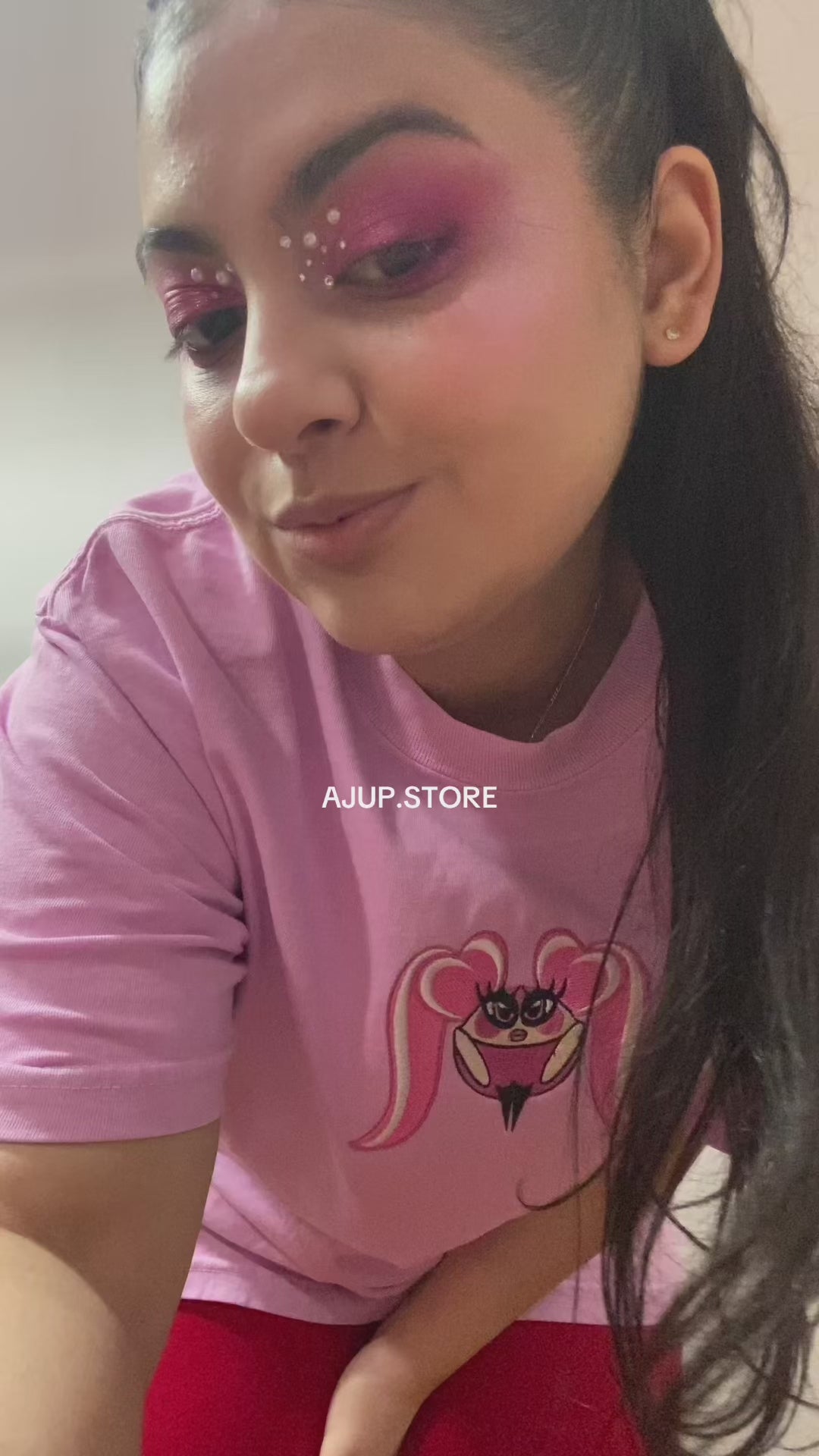 AJUP Pink Embroidered Tee – Pink Girl Graphic